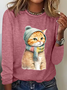 Chemises Femmes Décontracté Printemps / Automne Chat Micro-élasticité Quotidien Coupe Régulière Col Rond en Mélangé de Coton Droit