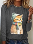 Chemises Femmes Décontracté Printemps / Automne Chat Micro-élasticité Quotidien Coupe Régulière Col Rond en Mélangé de Coton Droit