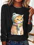 Chemises Femmes Décontracté Printemps / Automne Chat Micro-élasticité Quotidien Coupe Régulière Col Rond en Mélangé de Coton Droit