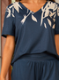 Deux Pièces Ensembles Décontracté Été Floral Motif Col V Ample Jersey Top Avec Pantalons Droit Régulier pour Femmes