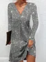 Femmes Plain Argent Col V Confortable Robe Mi-Longue Élégant