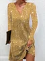 Femmes Plain Argent Col V Confortable Robe Mi-Longue Élégant