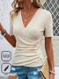 T-shirts Décontracté Plain Été Polyester Col V Micro-élasticité Ample Manches Courtes Régulier pour Femmes
