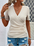 T-shirts Décontracté Plain Été Polyester Col V Micro-élasticité Ample Manches Courtes Régulier pour Femmes