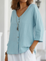 Blouses Femmes Plain Printemps / Automne en Lin Col V Aucune élasticité Ample Manches 3/4 Droit Régulier
