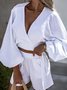 Deux Pièces Ensembles Femmes Décontracté Plain Été Col V Naturel Ample Manches Courtes Top Avec Pantalons Droit