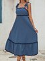 Femmes Bloc de Couleur Bleu à Bretelles Confortable Robe Mi-Longue Décontracté
