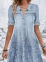 Femmes Ethnique Bleu Col de Chemise Confortable Dentelle Court Robe Décontracté