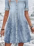 Femmes Ethnique Bleu Col de Chemise Confortable Dentelle Court Robe Décontracté