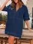 Femmes Plain Bleu Foncé Col V Confortable Court Robe Décontracté