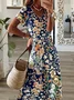 Femmes Floral Bleu Col V Confortable Robe Maxi Décontracté