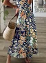 Femmes Floral Bleu Col V Confortable Robe Maxi Décontracté