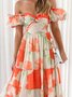 Femmes Floral Orange Col V Confortable Robe Maxi Décontracté