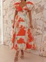 Femmes Floral Orange Col V Confortable Robe Maxi Décontracté