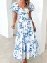 Femmes Floral Orange Col V Confortable Robe Maxi Décontracté