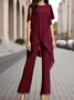 Deux Pièces Ensembles Femmes Plain Été Élégant Col V Naturel Rendez-Vous Ample Top Avec Pantalons Trapèze