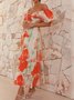 Femmes Floral Orange Col V Confortable Robe Maxi Décontracté