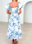 Femmes Floral Orange Col V Confortable Robe Maxi Décontracté