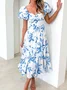 Femmes Floral Orange Col V Confortable Robe Maxi Décontracté