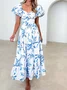 Femmes Floral Orange Col V Confortable Robe Maxi Décontracté