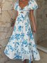 Femmes Floral Orange Col V Confortable Robe Maxi Décontracté