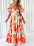Femmes Floral Orange Col V Confortable Robe Maxi Décontracté