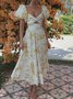Femmes Floral Orange Col V Confortable Robe Maxi Décontracté