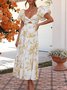 Femmes Floral Orange Col V Confortable Robe Maxi Décontracté