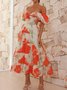 Femmes Floral Orange Col V Confortable Robe Maxi Décontracté