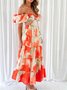 Femmes Floral Orange Col V Confortable Robe Maxi Décontracté