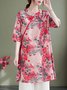 Chemises Décontracté Floral Été Ample Coton Et Lin Demi Manche Col Rond Mi-long Droit pour Femmes