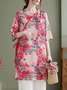 Chemises Décontracté Floral Été Ample Coton Et Lin Demi Manche Col Rond Mi-long Droit pour Femmes