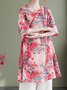 Chemises Décontracté Floral Été Ample Coton Et Lin Demi Manche Col Rond Mi-long Droit pour Femmes