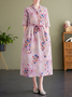 Femmes Papillon Rose Col Montant Confortable Robe Maxi Décontracté