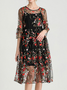 Femmes Floral Noir Col Rond Confortable Dentelle Robe Mi-Longue Décontracté