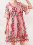 Femmes Floral Rose Col V Confortable Dentelle Court Robe Décontracté