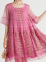 Femmes Floral Rose Col Rond Confortable Dentelle Court Robe Décontracté