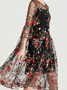Femmes Floral Noir Col Rond Confortable Dentelle Robe Mi-Longue Décontracté
