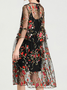 Femmes Floral Noir Col Rond Confortable Dentelle Robe Mi-Longue Décontracté