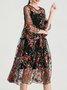 Femmes Floral Noir Col Rond Confortable Dentelle Robe Mi-Longue Décontracté