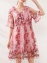 Femmes Floral Rose Col V Confortable Dentelle Court Robe Décontracté