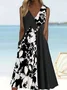 Femmes Floral Noir-Blanc Col V Confortable Robe Mi-Longue Décontracté