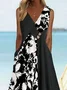 Femmes Floral Noir-Blanc Col V Confortable Robe Mi-Longue Décontracté