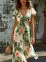 Femmes Floral Vert Col V Confortable à Lacets Robe Mi-Longue Élégant