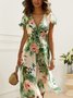 Femmes Floral Vert Col V Confortable à Lacets Robe Mi-Longue Élégant