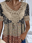 Chemises Femmes Décontracté Été Disty Floral Polyester Col V Ample Manches Courtes Droit Dentelle
