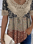 Chemises Femmes Décontracté Été Disty Floral Polyester Col V Ample Manches Courtes Droit Dentelle