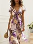 Femmes Floral Vert Col V Confortable à Lacets Robe Mi-Longue Élégant