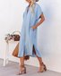 Femmes Plain Bleu Col de Chemise Confortable Robe Mi-Longue Décontracté