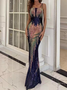 Femmes Plain Bleu Col V Confortable Robe Maxi Sexy